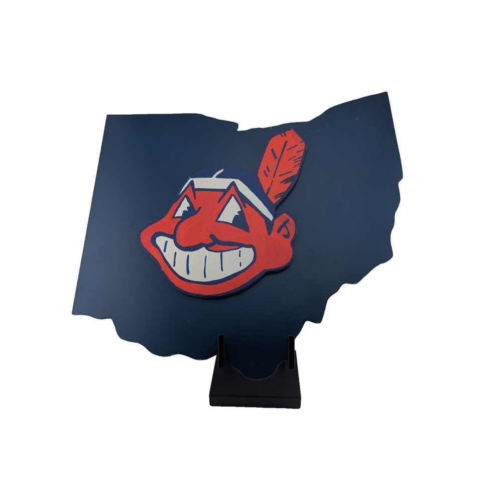 Cleveland Indians Chief Wahoo Logo Sign Wood Baseball Wall Art with Ohio 14"x14"